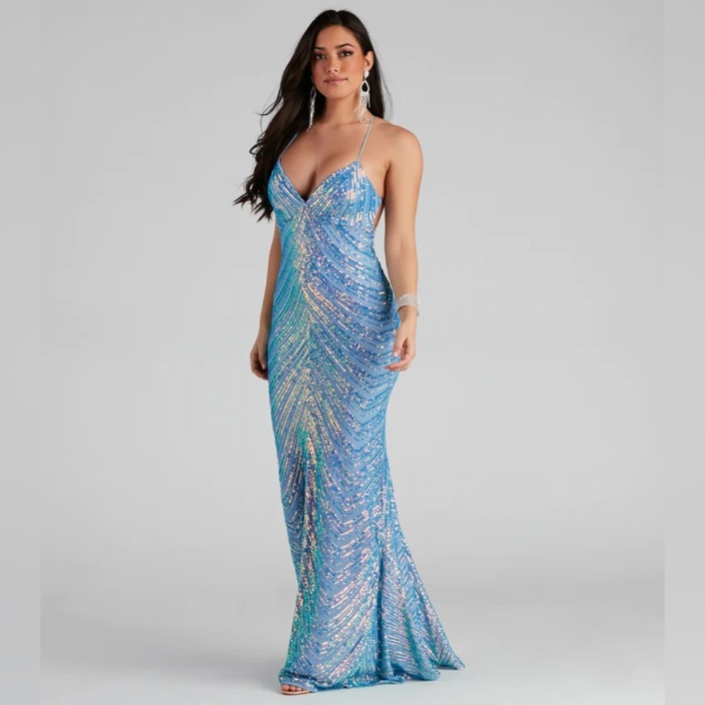 Light Blue Iridescent Sequin Prom Dress